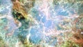 Flying into a colorful and dynamic nebula in the outer space. Animation of a colorful bright galaxy with stars