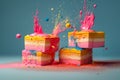 Flying colorful exploding cakes. Cream, jam, dessert,. Generative AI