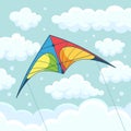 Flying colorful kite in the sky with clouds isolated on background. Summer festival, holiday, vacation time. Kitesurfing concept. Royalty Free Stock Photo