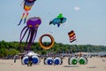 Flying colorful kites at michigan kite fest