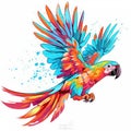 Flying colorful parrot with yellow, red, blue feathers and long tail. Drawn tropical bird isolated on white background Royalty Free Stock Photo