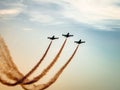 Flying combat aircrafts with brown traces in the sky