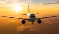 Flying commercial airplane at sunset, transporting passengers in sunlight generated by AI Royalty Free Stock Photo