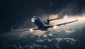 Flying commercial airplane taking off into the dark night sky generated by AI Royalty Free Stock Photo