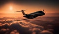 Flying commercial airplane taking off at sunset with aircraft wing silhouette generated by AI Royalty Free Stock Photo