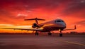 Flying commercial airplane taking off at sunset with blue sky generated by AI Royalty Free Stock Photo