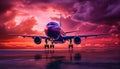 Flying commercial airplane taking off at sunset with blue sky generated by AI Royalty Free Stock Photo