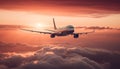 Flying commercial airplane taking off at sunset with dramatic sky generated by AI Royalty Free Stock Photo