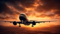 Flying commercial airplane taking off at sunset with dramatic sky generated by AI Royalty Free Stock Photo