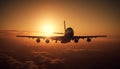 Flying commercial airplane taking off at sunset, silhouette against orange sky generated by AI Royalty Free Stock Photo