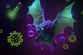 Flying coronavirus bat spreading coronavirus. Illustration of conspiracy theory that coronavirus virus was created in secret