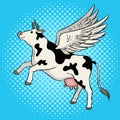 Flying cow farm animal pop art vector illustration Royalty Free Stock Photo