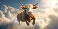 A flying cow soars through the skies, blending whimsy with wonder in a playful dance with the clouds. Generative AI Royalty Free Stock Photo