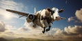 A flying cow soars through the skies, blending whimsy with wonder in a playful dance with the clouds. Generative AI Royalty Free Stock Photo