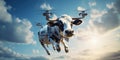 A flying cow soars through the skies, blending whimsy with wonder in a playful dance with the clouds. Generative AI