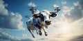 A flying cow soars through the skies, blending whimsy with wonder in a playful dance with the clouds. Generative AI Royalty Free Stock Photo