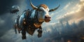 A flying cow soars through the skies, blending whimsy with wonder in a playful dance with the clouds. Generative AI Royalty Free Stock Photo