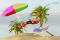 a flying crab in a hat under an umbrella, next to a sunbed, among sand and palm trees. 3D render