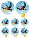 The flying crow drops symbol of different currencies. Dollar, eu