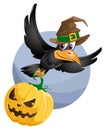Flying crow in a halloween hat holds the Halloween pumpkin.