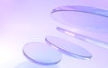 Flying crystal or glass disks on purple abstract geometric background 3d render. Iridescent transparent plates, circle