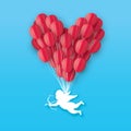 Flying Cupid - little angel. Love Red Heart in paper cut style. Origami little boy - Cherub. Bow and Arrow. Red Balloons