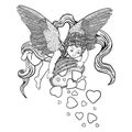 Flying Cupid scatters a heart, contour illustration on a white background, vector image, angel, template,