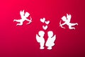 Flying cupid silhouette, two white angel,  happy Valentine`s Day banners, paper art style. Amour on red paper Royalty Free Stock Photo