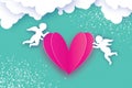 Flying Cupids - amur angels with Love Pink Heart in paper cut style. Origami Cherubs. Happy Valentine`s day. Romantic