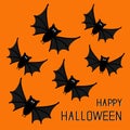 Flying cute bat family. Happy Halloween card. Flat design. Orange background. Royalty Free Stock Photo