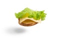 Flying deconstructed sandwich made from a slice of bread, cheese and green salad on a white background. Levitation of a simple