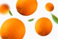 Flying defocusing oranges with green leaf. Falling juicy oranges isolated on transparent background