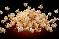 Flying delight Popcorn isolated on black background, close up snapshot