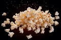 Flying delight Popcorn isolated on black background, close up snapshot