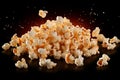 Flying delight Popcorn isolated on black background, close up snapshot