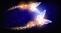 Flying delightful butterflies with sparkle and blazing trail flying in night sky among shiny glowing stars in cosmic space. Love Royalty Free Stock Photo