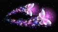 Flying delightful butterflies with sparkle and blazing trail flying in night sky among shiny glowing stars in cosmic space. Animal Royalty Free Stock Photo