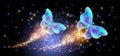 Flying delightful magical butterflies with sparkle and blazing trail in night sky. Love and romance concept Royalty Free Stock Photo