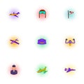 Flying device icons set, pop-art style