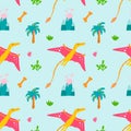 Flying dinosaur Rhamphorhynchus on blue background with palm trees and volcano. Vector seamless pattern, children's Royalty Free Stock Photo