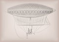 Flying dirigible, airship, blimp, on air. Vector beautiful horizontal closeup side view vintage styled linear illustration