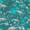 Flying dolphins seamless pattern. Turquoise green water. Dolphins in the sea abstract background Royalty Free Stock Photo