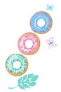 Flying donut with pink, blue, green icing and sprinkles and butterfly. Cartoon style