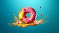 Flying donut with pink icing and colorful sprinkles against a vibrant blue banner Royalty Free Stock Photo