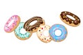 Flying donuts with icing and sprinkles. Colorful doughnut in motion. Cartoon style Royalty Free Stock Photo