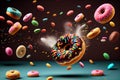 Flying donuts. Mix of multicolored doughnuts.generative ai