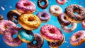 Flying donuts. Mix of multicolored doughnuts with sprinkles on blue background.