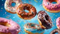 Flying donuts. Mix of multicolored doughnuts with sprinkles on blue background.