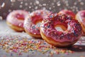 Flying donuts. Mix of multicolored doughnuts with sprinkles