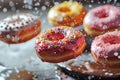 Flying donuts. Mix of multicolored doughnuts with sprinkles